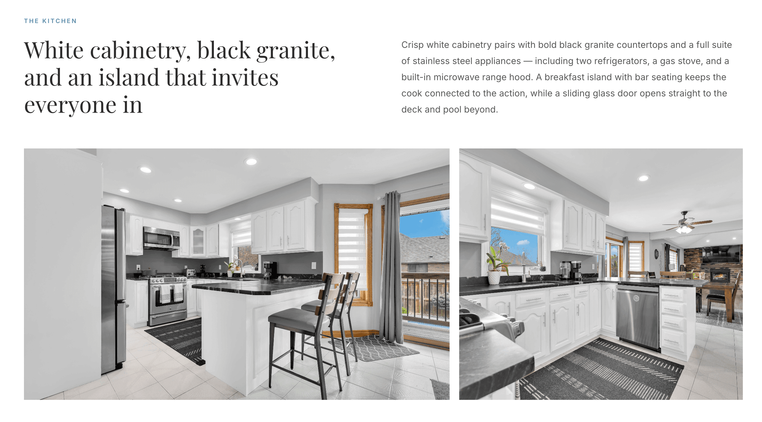 HousePeek treatment screenshot showing a kitchen story section with two large kitchen photographs