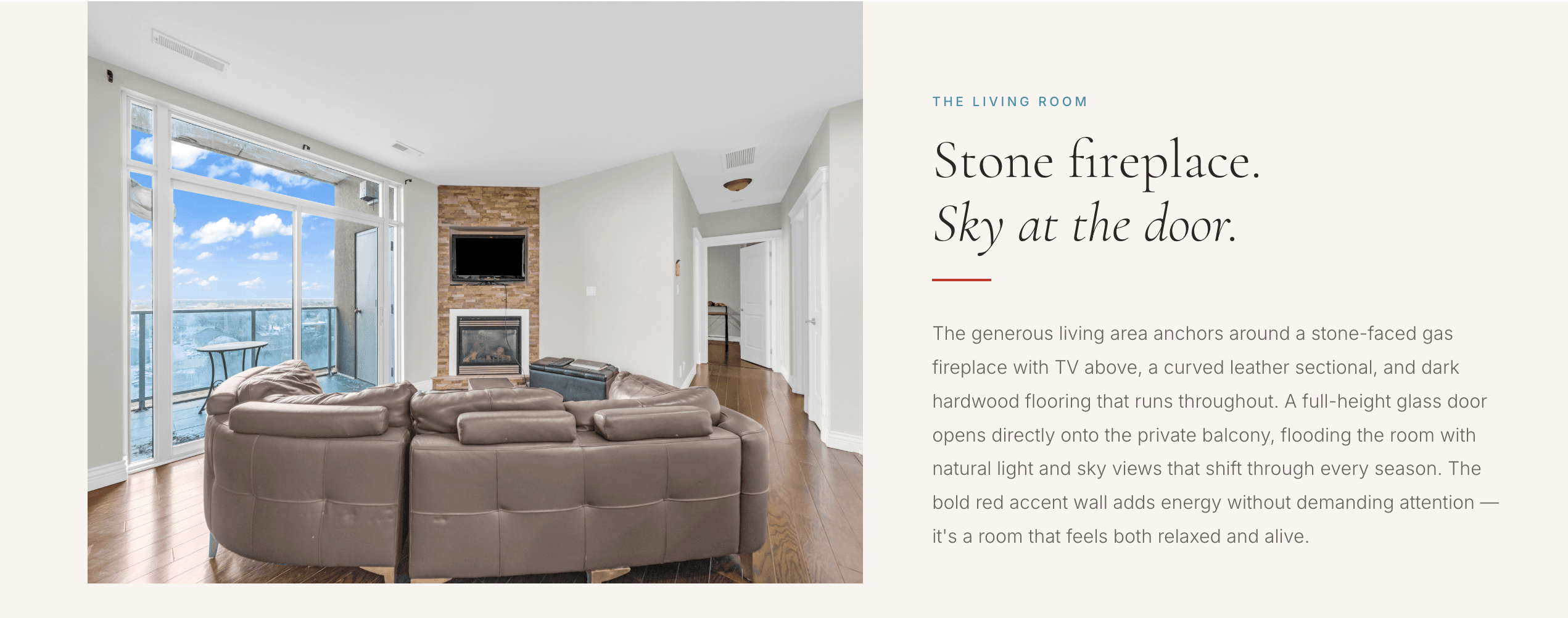 HousePeek treatment screenshot showing a living-room section beside a serif headline and story copy