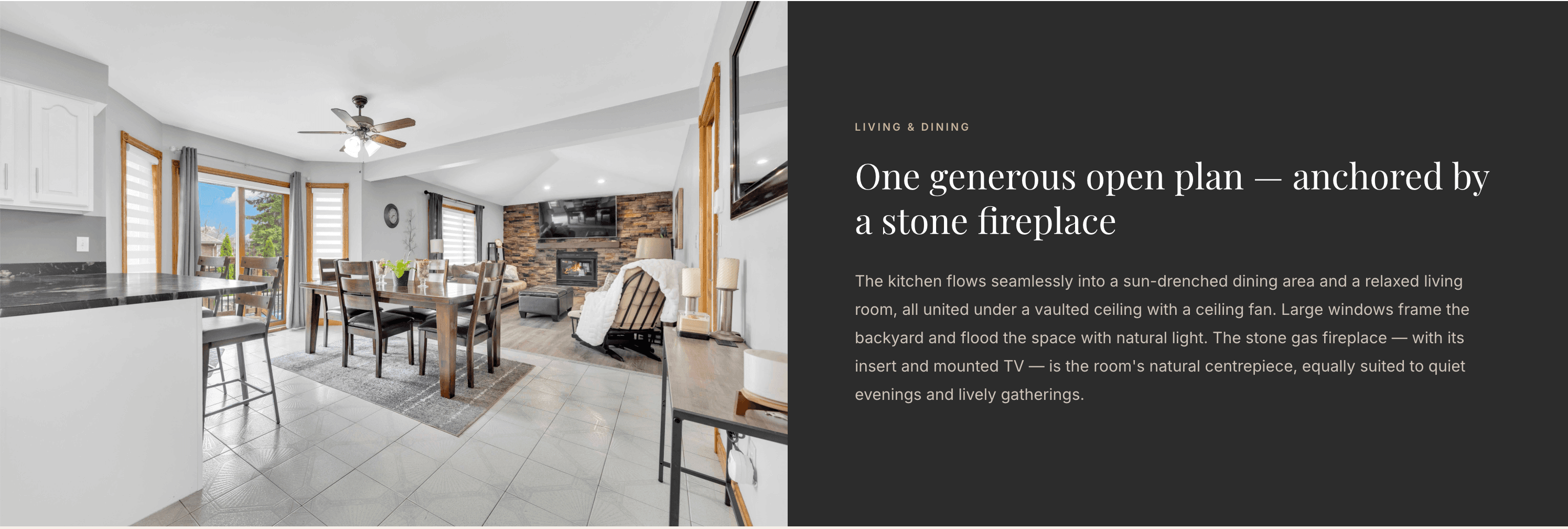 HousePeek treatment screenshot showing an open-plan living and dining section with a dark editorial text panel